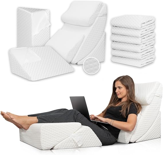 Lunix LX13 6pcs Adjustable Wedge Pillow Set White + Extra White Cover Full-Body Memory Foam System for Back, Legs & Comfort Support - Bundle and Save 10%