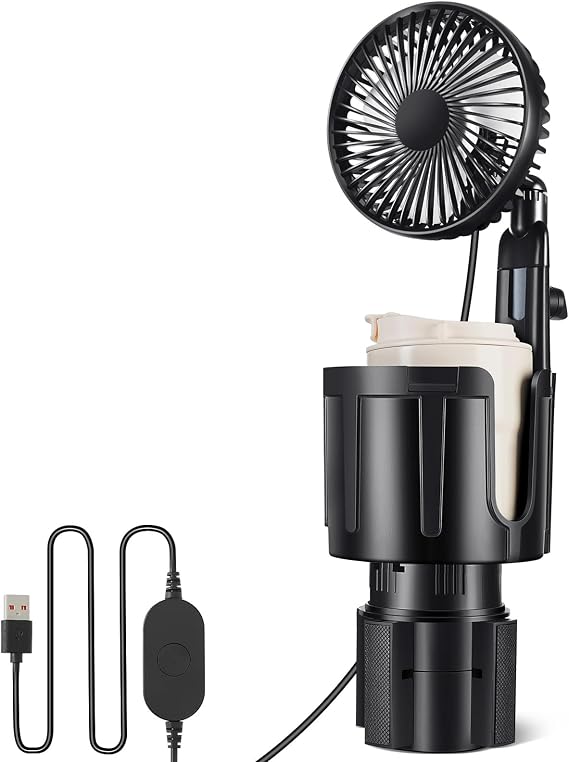 PBYMT 2 in 1 Cup Holder Fan, USB Car Fan Cup Holder, 3 Speed, 360 Degree Rotatable, Adjustable Base Cupholder for SUV/RV/Truck/Van