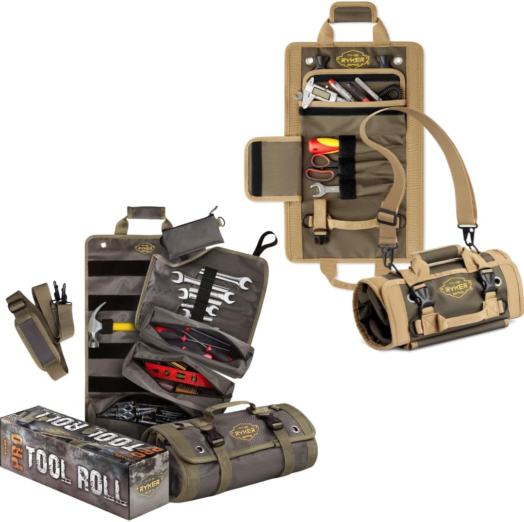 The Ryker Bag PRO Tool Roll Organizer - Motorcycle Tool Bag With 4 Detachable Pouches & Wrench Organizer for Mechanic - Small Car Portable Tool Bag - Gifts for Dad