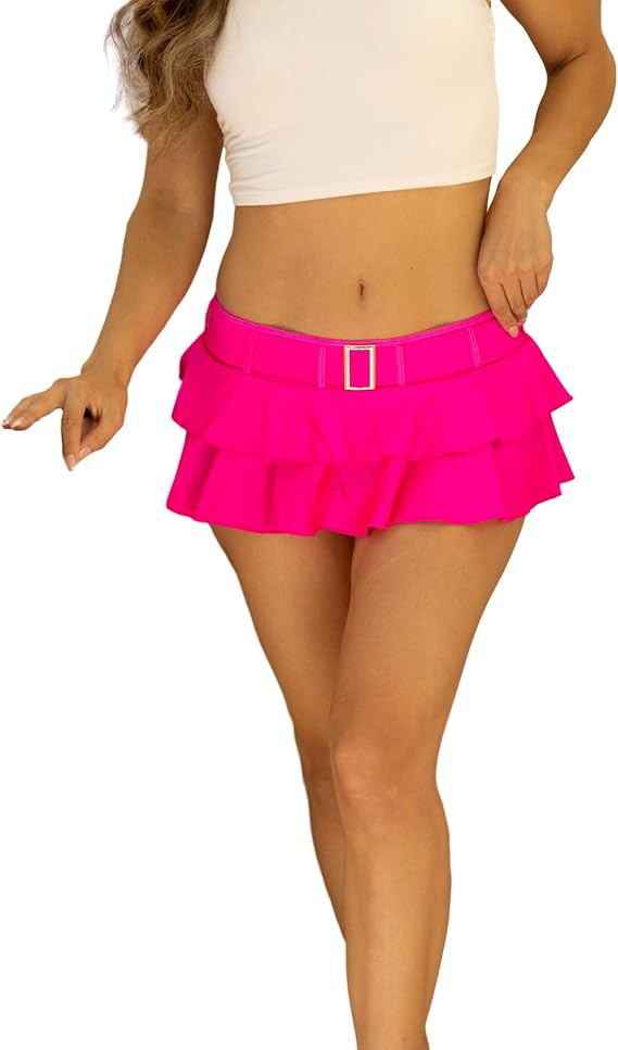 Pin Up Doll Belted Women's Low Rise and Pleated Mini Skirts for Women, Low Rise Mini Skirt with Belt, Plus