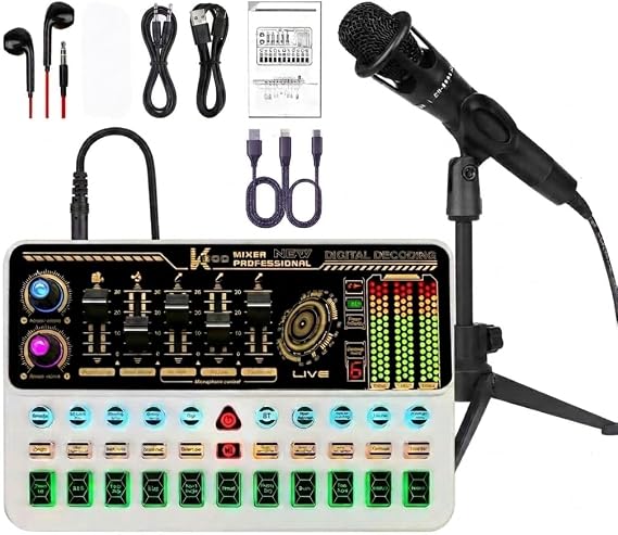 Podcast Equipment Bundle, Basic Audio Interface with Mic and Stand, Denosing, Ducking, Remove Vocals, Loopback, Easy Used Podcast Bundle for KTV,Streaming,Podcasting,YouTube, TikTok(White)