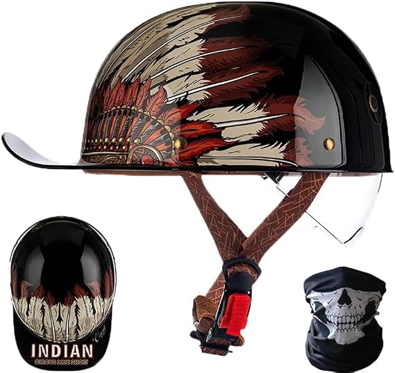 Baseball Motorcycle Helmet DOT Approved Vintage Open Face Motorcycle Helmet Half Shell Helmet Helmets for Adults Motorcycle with Adjustable Quick Release Buckle, for Bicycle Cruiser Scooter