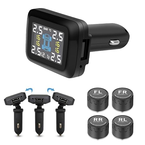 Tire Pressure Monitoring System, Wireless TPMS Car Charger Powered Adjustable Display Angle Car Voltage Monitoring Real-Time Display for Car RV SUV(0-98PSI)