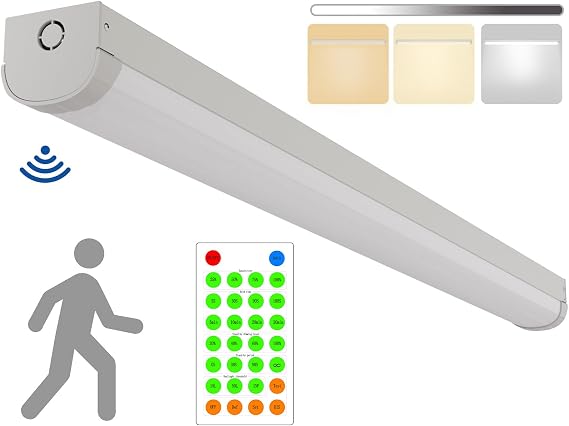 4FT Tri-Level Motion Sensor LED Linear Strip Stairwell Light with Remote, CCT Selectable 20W/40W 2500lm/5000lm 3000K/4000K/5000K, IP20, Dimmable 4 Foot Commercial Shop Ceiling Light Fixture, ETL DLC