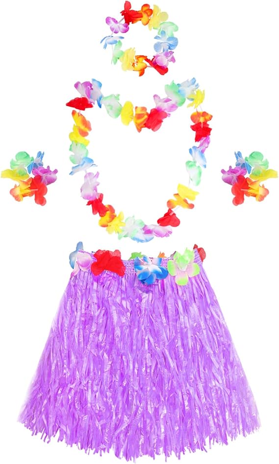 5Pcs Hawaiian Grass Skirt Includes Grass Skirt Floral Head Band Necklace Bracelets for Women Summer Halloween