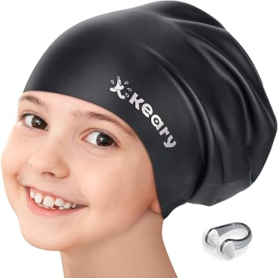 Keary Youth Teens Junior Silicone Swim Cap Waterproof Shower Swim Cap for Long Hair Braids and Dreadlocks Easy to Put on and Off