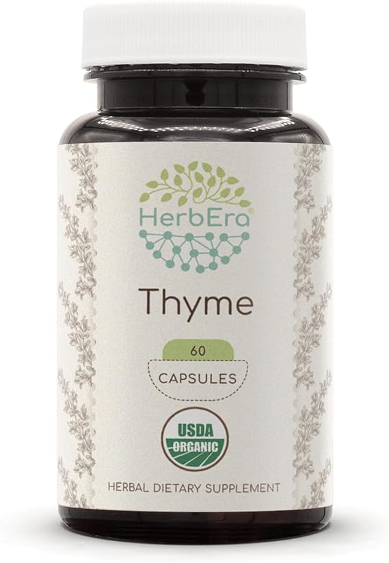 HerbEra Thyme 800 mg | USDA Organic Vegan Capsules | Respiratory & Digestive Support, Thymus Vulgaris Dried Leaf | Herbal Supplement (60 Capsules)
