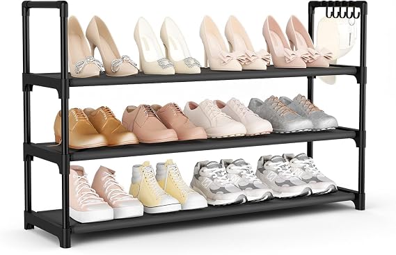 VILICK Shoe Rack for Closet Shoe Organizer Space Saver Storage for 12-15 Pair Shoe Shelf with Hook Free Standing 3 Tier Shoe Rack Organizer for Entryway, Small Spaces, Black