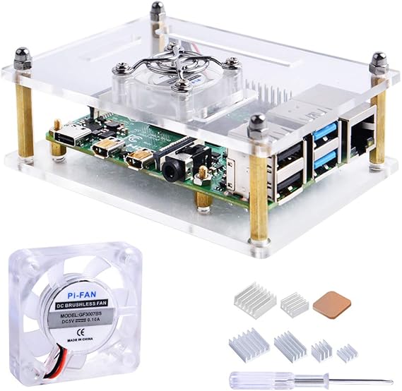 GeeekPi Acrylic Case for Raspberry Pi 4 Model B & Raspberry pi 3 Model B+, Pi Case with Cooling Fan and 7PCS Heatsinks for Raspberry Pi 4 Model B/Pi 3B+/ Pi 3B/ 2B (Clear)