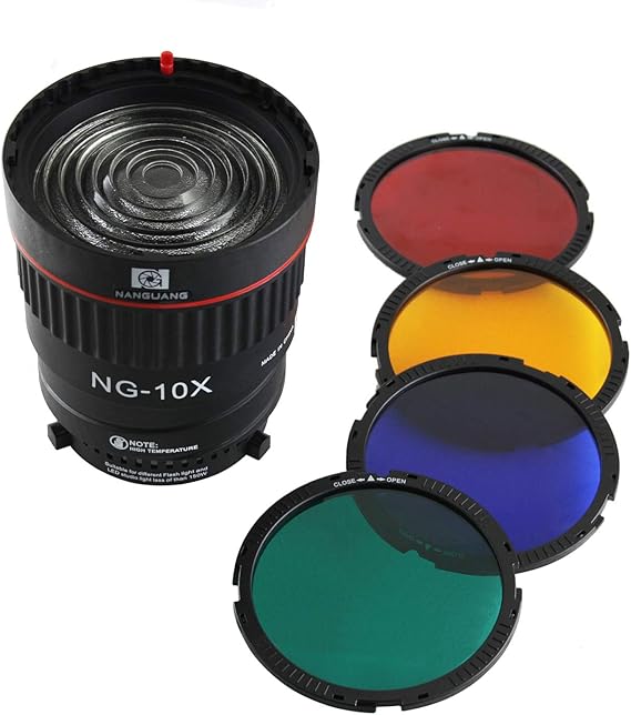 EXMAX NG-10X Fresnel Lens Focusing Adapter Fresnel Spot S-Mount Adapter Attachment 10-40 5X Brighter Focus Lens Adjust for godox sl-60w Bowens Mount Studio Light Flash LED Light 4 Color Gel Filters