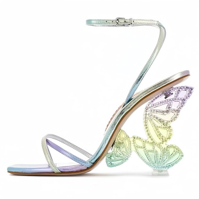 Glitter Rhinestone Furry Lace Up Butterfly Stilletos Heels Sandals for Women,Women's Open Pointed High Heels Strappy Sandals Adjustable Ankle Strap Buckles Elegant Wedding Sandals Dress