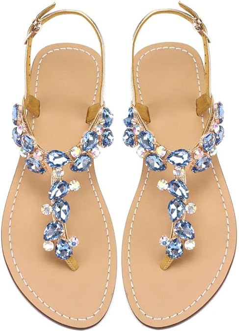 Women's Rhinestone Flat Sandals, Women Flip Flops with Clip Toe RingBeadeed Rhinestone Crystal Jeweled Sandal Shoes for Summer Beach Oceanside Holiday Outdoor