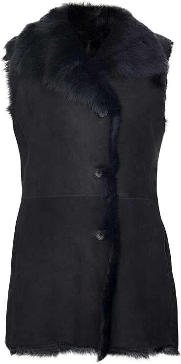 Women's Chic Black Suede Toscana Shearling Leather Sheepskin Buttoned Gilet
