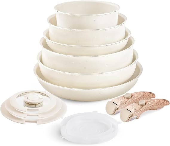 Nonstick Cookware Set - YIIFEEO Stackable Pots and Pans Set Detachable Handle Camping Cookware Granite Kitchen Cookware Sets Removable Handle, Non Toxic Nonstick Frying Pans for Cooking Set Gift Beige