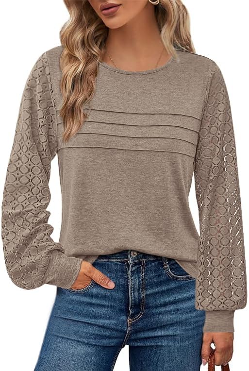 BTFBM Womens Long Sleeve Shirts Dressy Lace Tops | Crew Neck Lightweight T-Shirts,Cute Holiday Outfits,Business Casual Blouses Work Clothes,2026 Trendy Fall Fashion Clothing