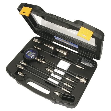 Mityvac MV5532 Digital Gasoline Compression Test Kit, Up to 12 Cylinders, Backlit LC Display, 9V Battery, Oil-Resistant Gauge with Rubber Boot, Displays PSI, Bar and kPa, Custom-Molded Case