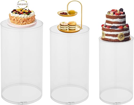 3PCS Cylinder Stands for Party, Cylinder Pedestal Display Stands Round Reusable Dessert Cake Display Tables Pedestal Display Plinth Pillars for Wedding Birthday Party Art Decor (Clear, 23.6''(L),21.7''(M),19.7''(S))