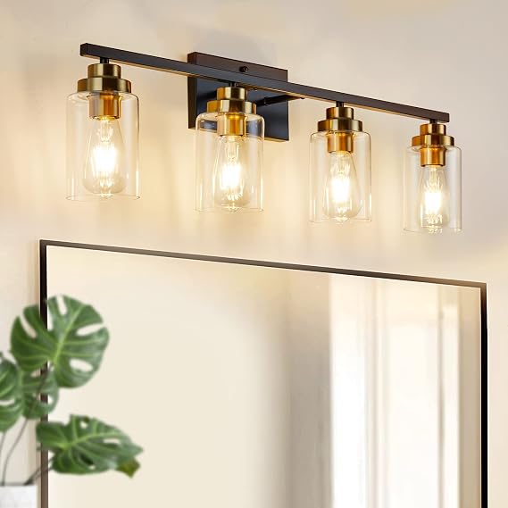 4 Lights Bathroom Vanity Light, Classic Bathroom Light Fixture Over Mirror, Matte Black and Gold Shades Indoor Wall Lights | Clear Glass Modern Lampshade for Sink, Mirror & Foyer Corridor