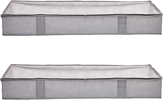 Amazon Basics Under Bed Storage Bags for Clothes and Blankets, Foldable Fabric Zipper Container with Clear Window and Reinforced Handles, Space Saving, 18 x 42 x 6 inches, Gray, 2-Pack