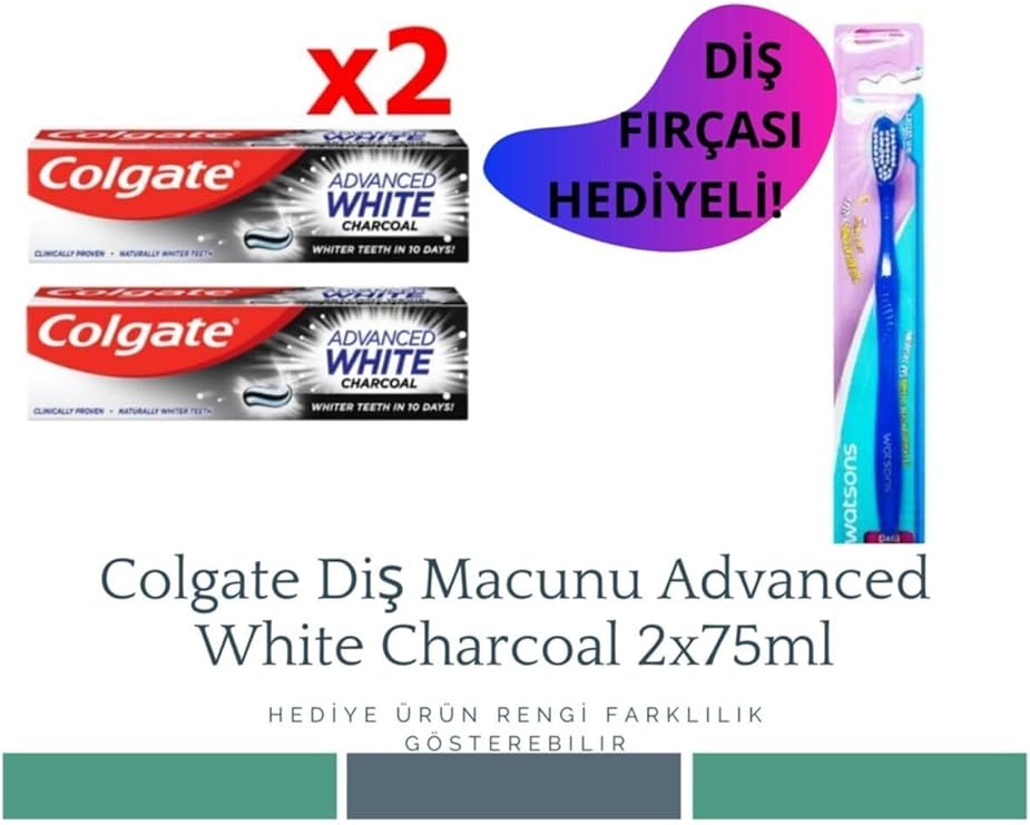 Colgate Advanced White Charcoal Diş Macunu 2x75ml, Diş Fırçası Hediyeli
