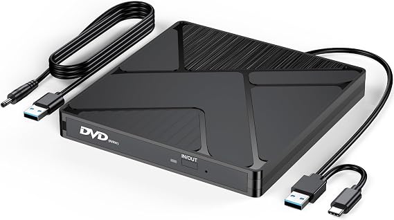 External DVD Drive, USB3.0/USBC DVD Player Reader Burner with Power Supply