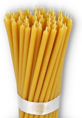 Danilovo Thin Taper Beeswax Candles - Honey-Scented, Decorative Candles Ideal for Birthday Decoration or Church Prayers - Yellow Drip Free, Tall & Smokeless Pack of 50 pcs, 6.3 x 0.2 inch