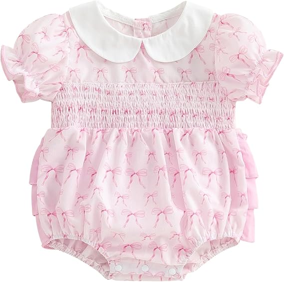 Newborn Baby Girl Romper Bow Embroidery Short Sleeve Pleated Smock Bubble Romper Jumpsuit Bodysuit Summer Clothes