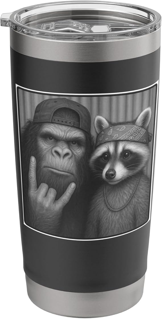 Rock, Rock Music, Rocker, Bigfoot & Raccon, Rock On Hand Stainless Steel Insulated Tumbler