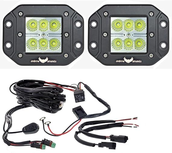 2x 18w Square LED Work/Driving Light - Flush Mount - Flood Pattern w/ Wiring Harness