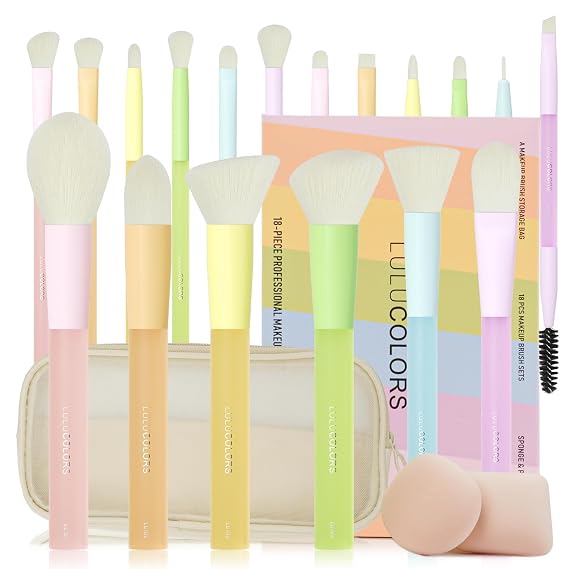 LULUCOLORS 18Pcs CandyColored and Soft Touch Makeup Brush Set