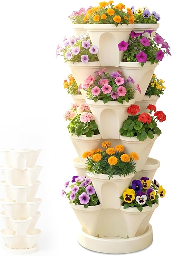 Roixeeds Vertical Planter Tower - 6 Tier Stackable Garden Planters for Strawberries, Herbs, Flowers, Vegetables, Indoor Outdoor Use