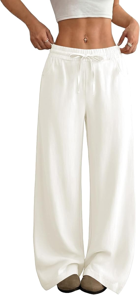 SEMARO Womens Casual Linen Wide Leg Pants Flowy Drawstring High Waist Palazzo Beach Vacation Trousers