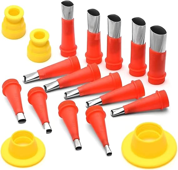 16-Pack Professional Caulking Gun Nozzle Set | Red and Yellow, Plastic and Metal, Reusable Tips for Sealant Application, Door and Window Installation etc. (16-Pack)
