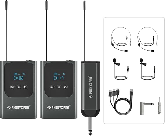 Phenyx Pro Dual Digital Wireless Microphone System, Portable Mini Receiver, 2x15 UHF Frequencies, 2 Bodypack Transmitters, Headset/Lapel Microphone for Singing, Karaoke (PDP-2-2B)