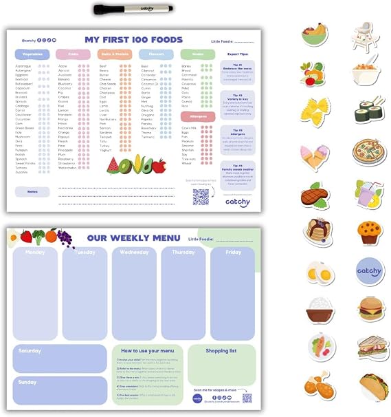 CATCHY - My First 100 Foods Tracker + Our Weekly Menu Set - 1 Magnetic Whiteboard Checklist, 1 Food Planner, 20 Fridge Magnets + 1 Marker - For Introducing Solids & Weekly Meal Planning - Reusable