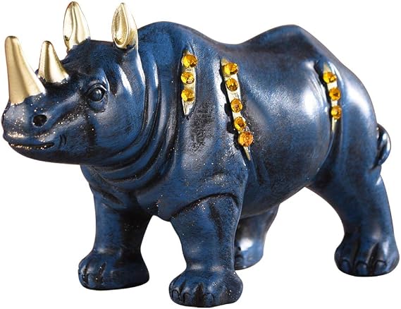 Resin Rhinoceros Statue, Wildlife Rino Animal Figurine, Blue, 6.3in(L)