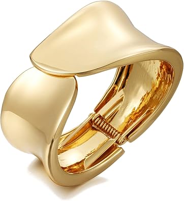 Wide Grooved Crystal Cuff Hinge Bangle Metal Shiny Punk Bracelet Great Polished Fashion Statement Bangles Gold Smooth Bangle Bracelet for Women Fashion Jewelry