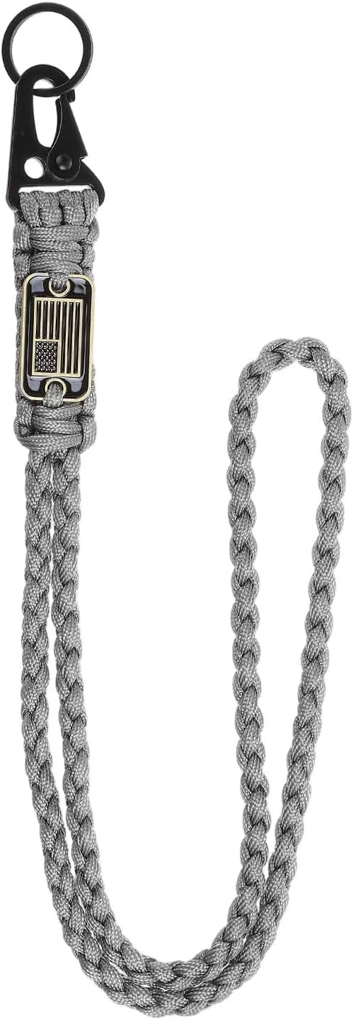 Paracord Lanyard, 550 Keychain Lanyard Heavy Duty Necklace Keychains Braided Wrist Strap for Men Women Outdoor Activity Survival Keys Whistle Rope ID Badges (Gray)