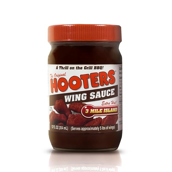 The Original Hooters 3 Mile Island Wing Sauce - Spicy Extra Hot Sauce Ideal for Chicken Wings Dipping, Grilling, Seafood, Ribs, Balanced Restaurant Flavor with Aged Red Peppers - 12 fl oz