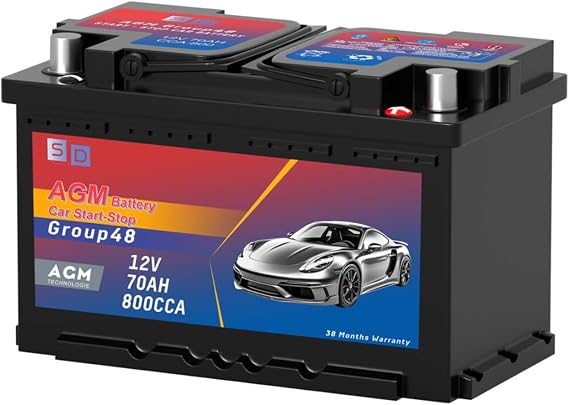 Group 48 AGM Start-Stop Car Battery, 12v 70AH 800 CCA Maintenance Free Automotive Replacement Batteries,