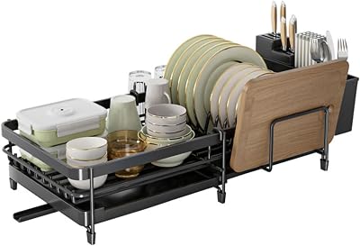 Dish Drying Rack, Dish Rack with Drainboard, Kitchen Dish Drying Rack with Rotatable Swivel Spout and Utensil Holder, Carbon Steel Expandable Dish Drainer