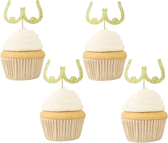 Boob Cupcake Toppers - Gold Breast Food Picks - Bachelor or Bachelorette - Two Brides Party - Set of 24