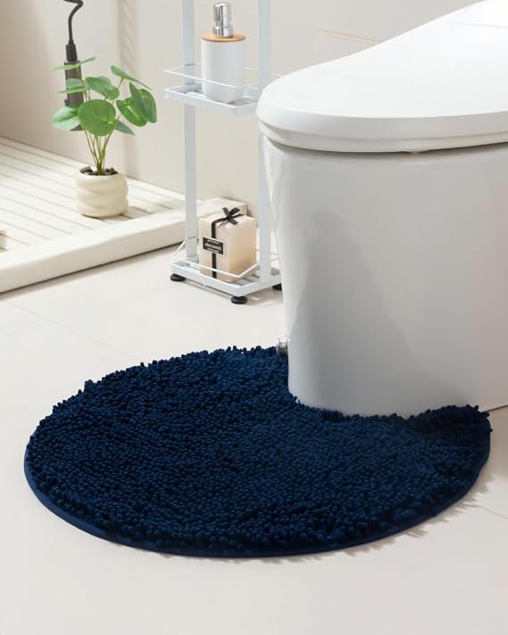 Soft Shaggy Round Toilet Rug U Shaped 24" Navy Blue