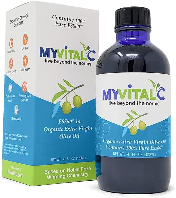 MyVitalC Organic Extra Virgin Olive Oil - Pure ESS60 Antioxidant Supplement - for Anti-Aging, Oxidation, Longevity, Sleep, More Energy - 120ML