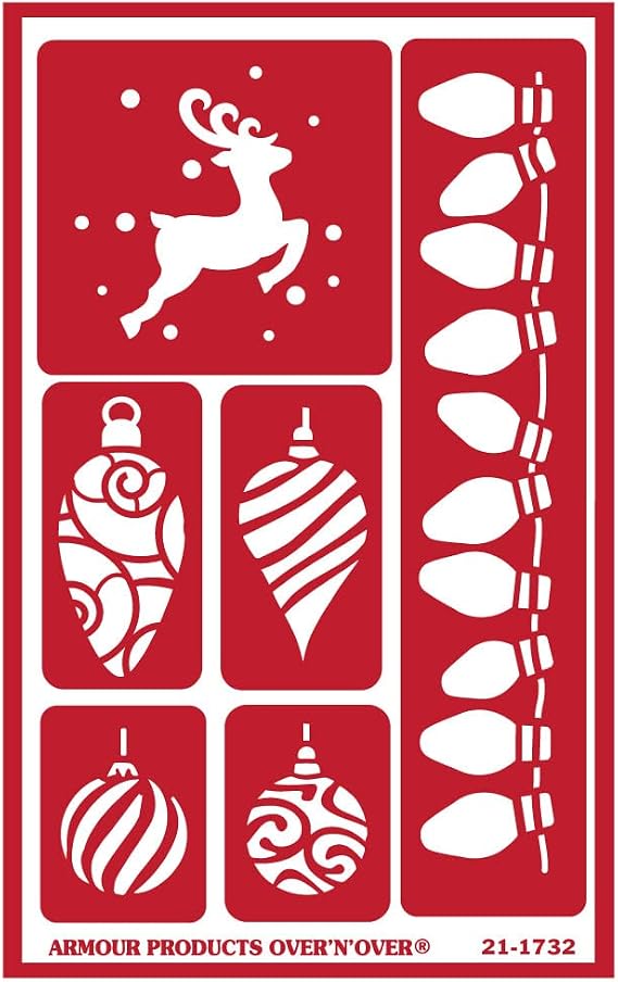 Over'N'Over Reusable Glass Etching Stencils Durable Self-Stick Designs for Glass, Mirrors, and Ceramics with Armour Etch Cream 5 x 8 Stencil Sheet - Christmas Ornaments 2