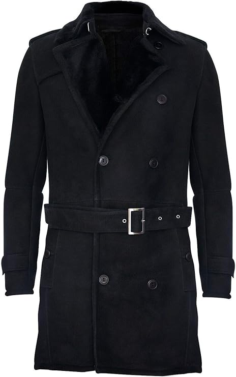 Men's German Military Double Breasted Real Sheepskin Suede Leather Pea Coat