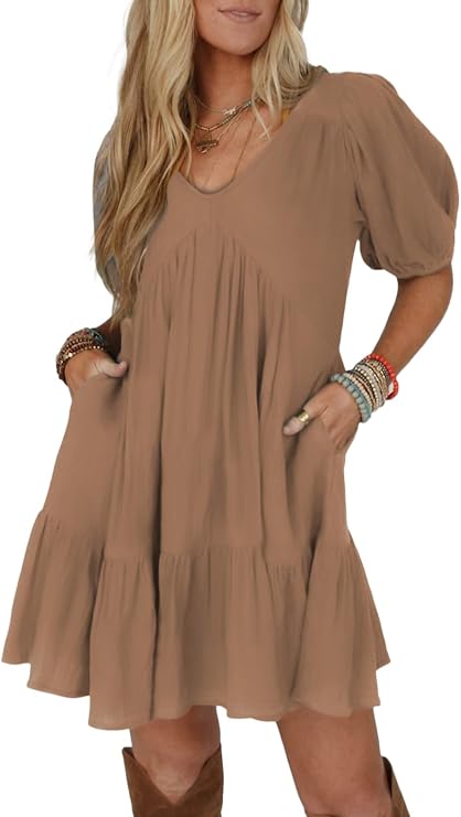 Acelitt Women's Short Sleeve Babydoll Mini Dress