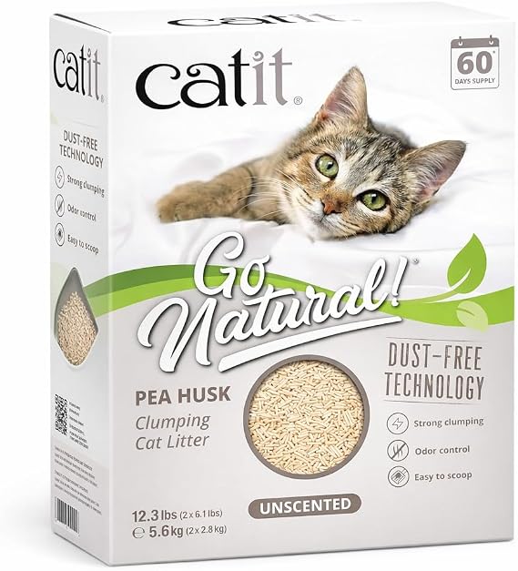 Catit Go Natural Pea Husk Clumping Cat Litter, Unscented, 12.3 lbs | Plant-Based, Eco-Friendly, Dust-Free & Flushable Cat Litter, Natural Clumping Formula, Low Tracking