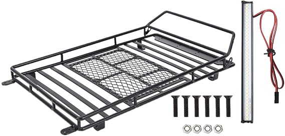 RC Crawler Roof Rack, Heavy Duty Metal with Bright LED Lights, Luggage Carrier for 1/10 Scale for RC Enthusiasts Off-Road Adventures