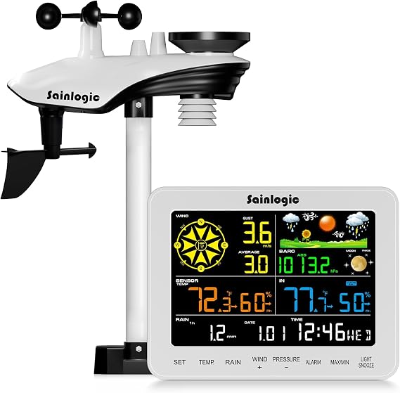 Sainlogic WiFi Weather Station, 8.3 inch Large Display Wireless Weather Stations, Weather Stations Wireless Indoor Outdoor with Rain Gauge and Wind Speed, Weather Forecast, Wind Gauge, Wunderground